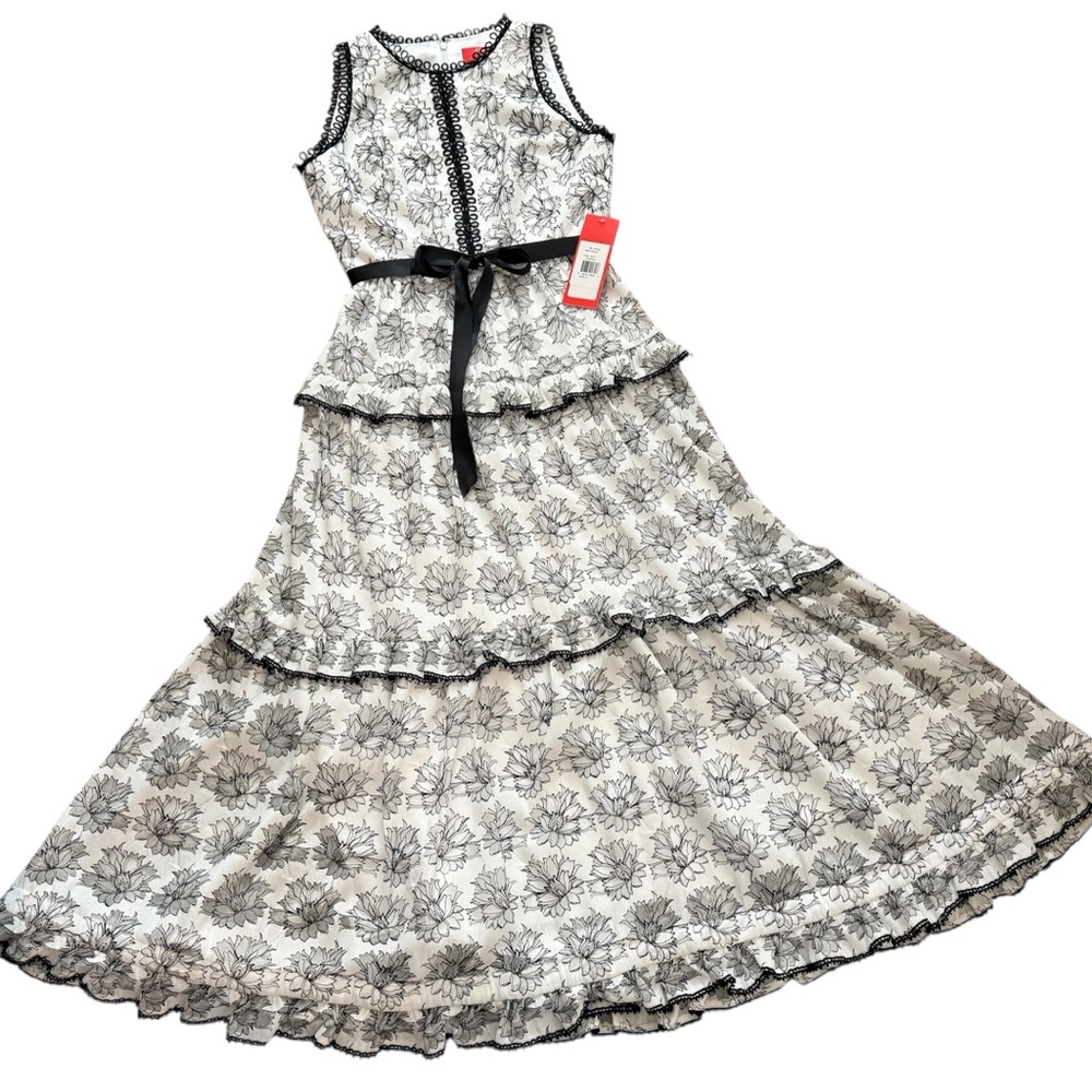 Monique Lhuillier A-Line Cocktail Dress, White/Black, Floral Women's 8 - Picture 2 of 16